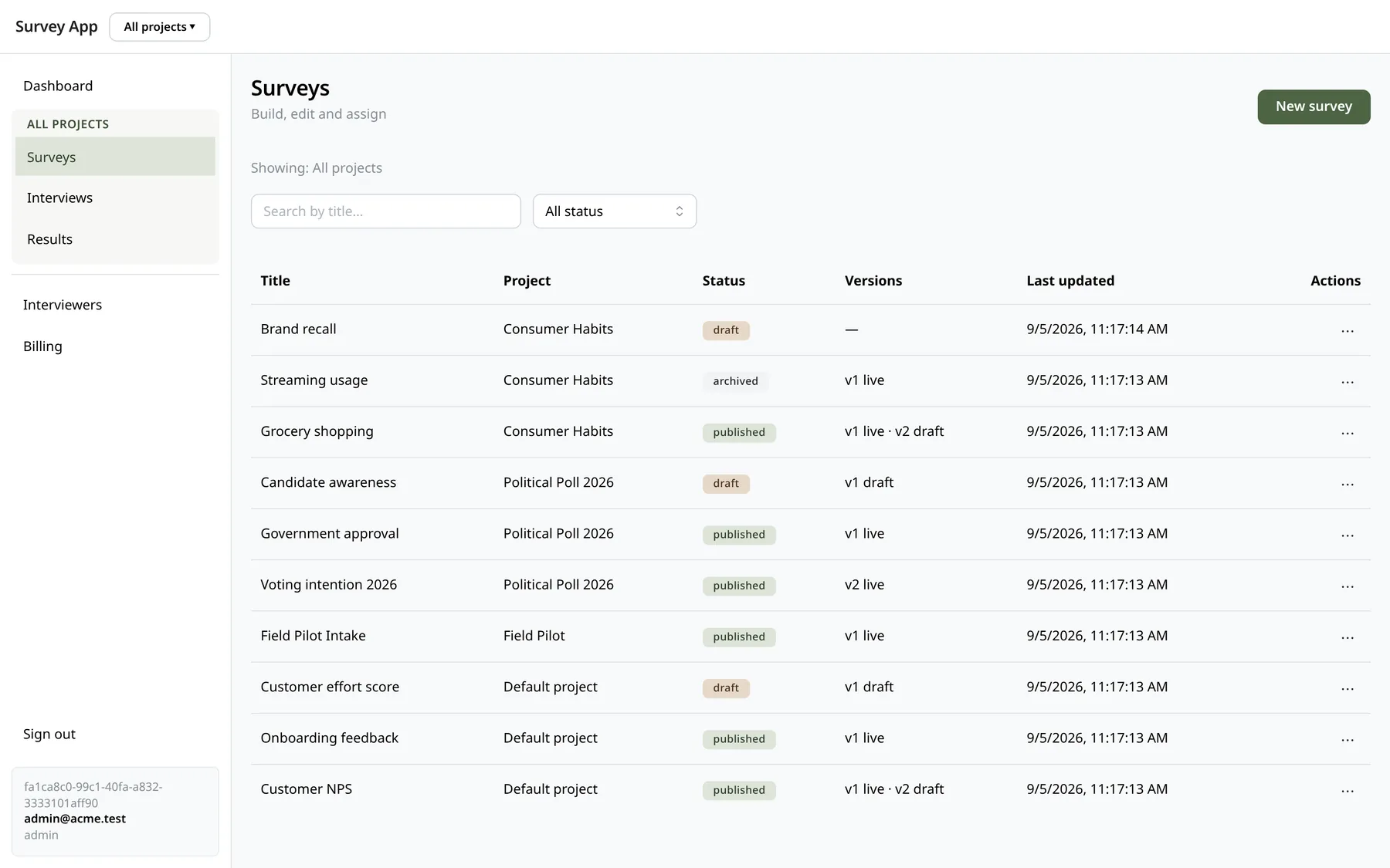 Surveys list with versions and status